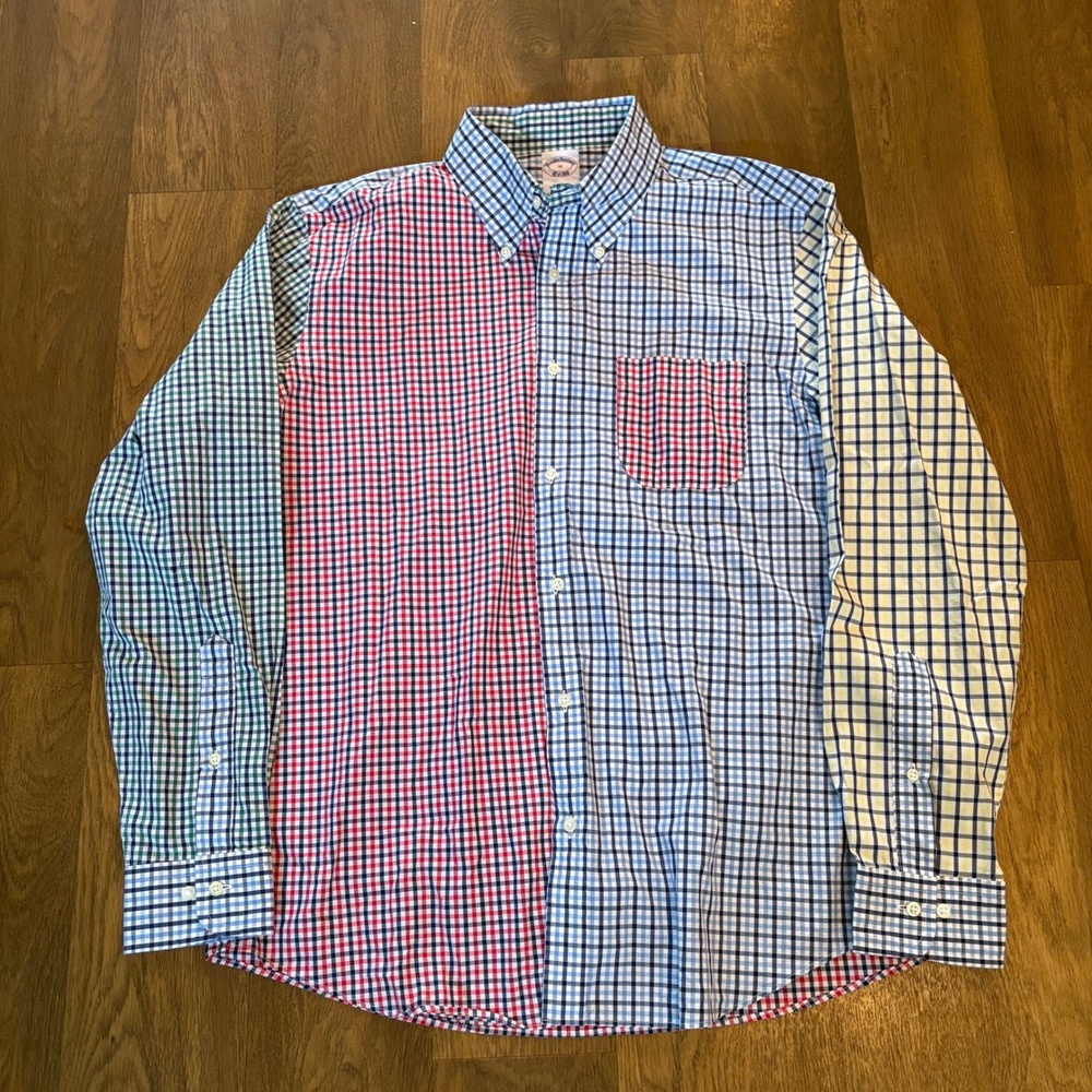 Brooks Brothers Menswear Preppy Gingham Patchwork Coloblock Oxford Cotton Shirt